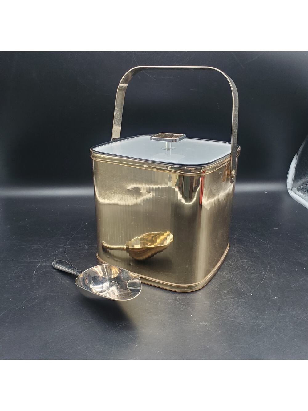 Vintage Culver Gold Tone Ice Bucket Clear Lid and Scoop Swing Handle MCM Barware